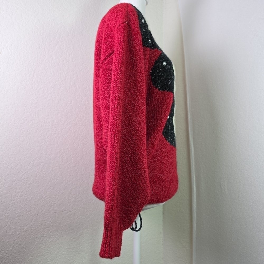 Vtg Albee Angora Blend Red Sweater w/ Velvet Appliqué & Sequins – Abstract 80s M - Picture 3 of 10